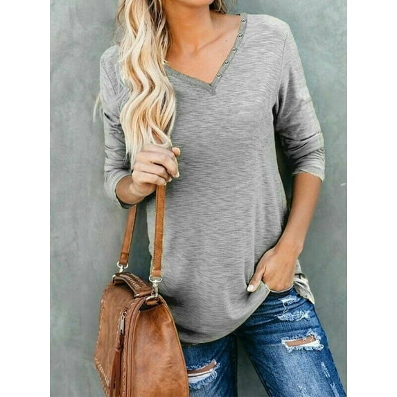 YouLoveIt Women's V Neck Blouse Tops Tunic Tops Women Long Sleeve V Neck T Shirts Casual Loose Fit Basic Shirt Top Plus Blouse Solid Color Blouse