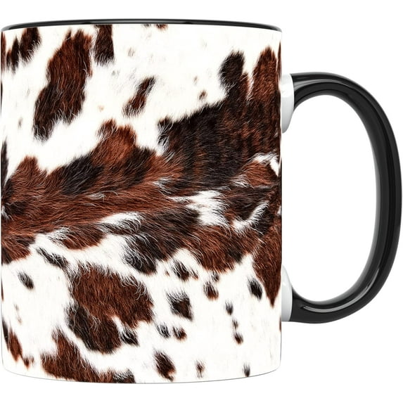 Cow Print Mug, 11 Ounces, Cute Cow Stuff, Coffee Mug, Cups, Brown Print, Stuff for Women, Cup for Cow Lovers (Black Handle)