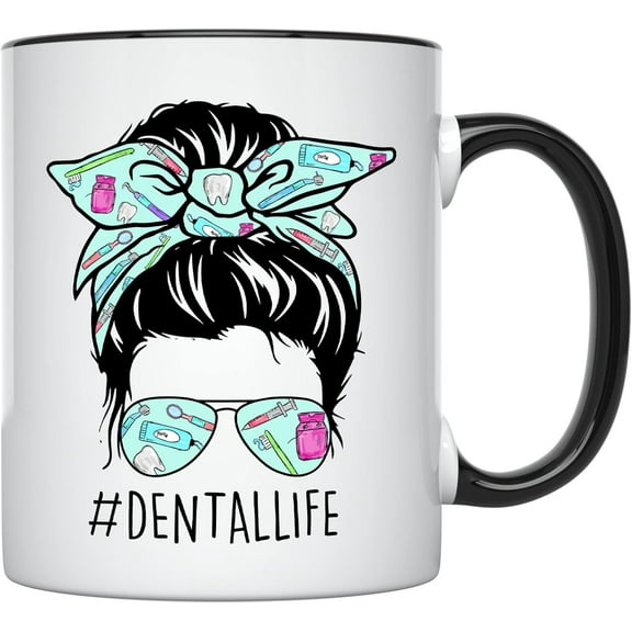 YouNique Designs Dental Life Coffee Mug, 11 Ounces, Dental Hygienist Mug, Dental Hygiene Cup for Women, Dentist Coffee Mug, Dental Cup for Women (Black Handle)