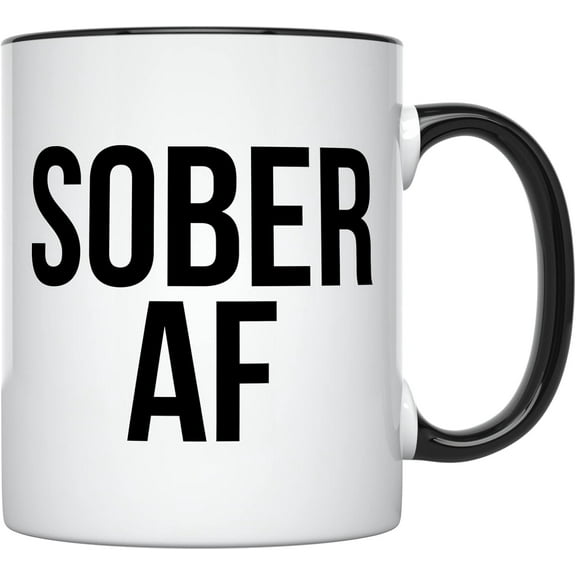 YouNique Designs Sober AF Coffee Mug, 11 Ounces, White, 1 Year Sobriety Gifts for Women and Men (Black Handle)