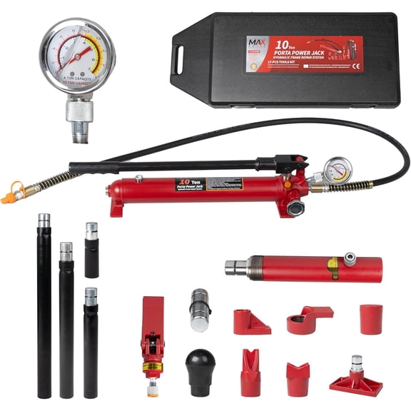 YouRanTer10 Ton (20,000 lbs Capacity) Porta Power Jack Hydraulic Ram Auto Body Frame Collision Repair Kit Set, 17-Pcs, with Blow Mold Carrying Case and Gauge