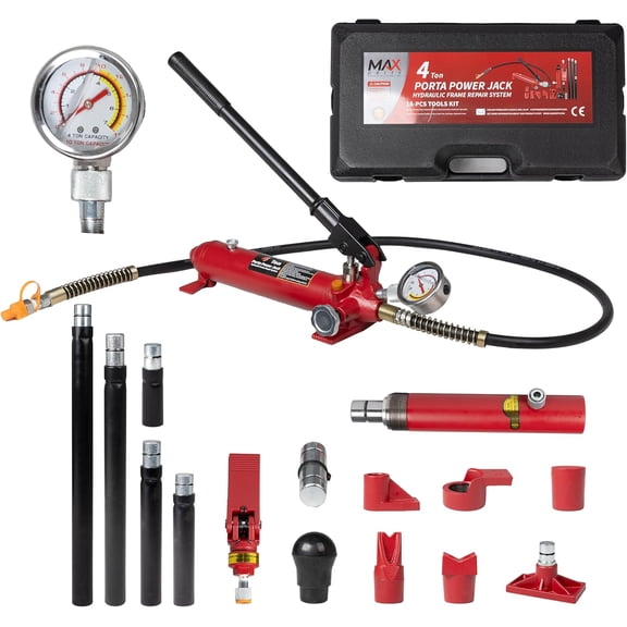 YouRanTer4 Ton (8800 lbs Capacity) Porta Power Jack Hydraulic Ram Auto Body Frame Collision Repair Kit Set, 18-Pcs, with Blow Mold Carrying Case and Gauge