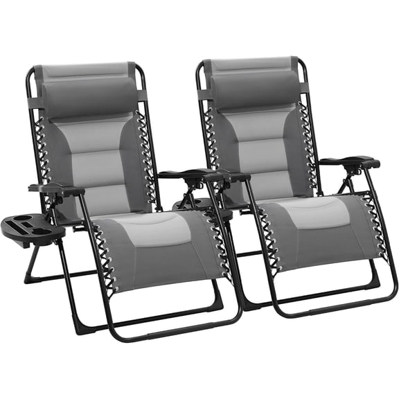 YouRanTerOversized Padded Zero Gravity Chairs Set of 2, Folding Lounge Chair Outdoor Patio Recliner, Anti Gravity Chair for Backyard - Gray/Light Gray