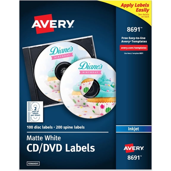 YouRanTerPrintable CD Labels, Matte White, Permanent Adhesive, Inkjet Printer Compatible, 100 Disc & 200 Spine Labels, Ideal for CDs, DVDs, PC Discs, Media Projects & More (8691)