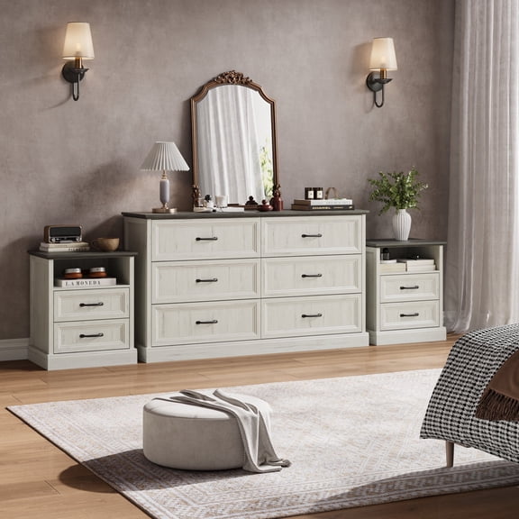 YouTrend 3-PCS Bedroom Furniture Set,55.1"Farmhouse Rustic Dressers and Nightstands,6 Drawer Dresser and Nightstand Sets for Bedroom, Modern Bedroom Set, White