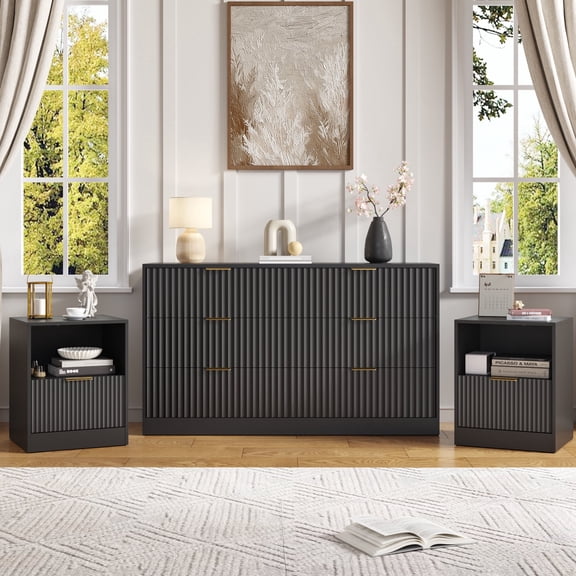 YouTrend 3-Piece Modern Bedroom Set - 6 Drawer Wide Dresser & Nightstands Set of 2 with Fluted Design, Anti-Tip Safety Black Natural Wood Storage Furniture for Bedroom,Hallway