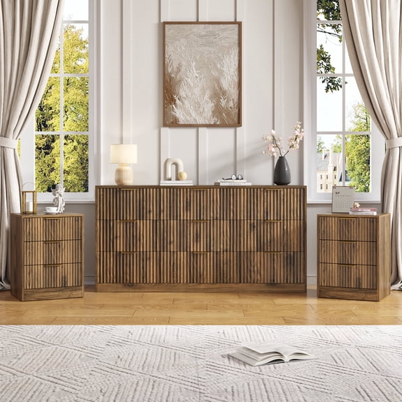 YouTrend 3-Piece Modern Bedroom Set - 9 Drawer Wide Dresser & Nightstands Set of 2 with Fluted Design, Anti-Tip Safety Brown Natural Wood Storage Furniture for Bedroom,Hallway