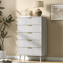 YouTrend 5-Drawer Tall Dresser for Adults with Metal Handle,Fluted Dresser Modern Storage Cabinet for Home Office Living Room,White