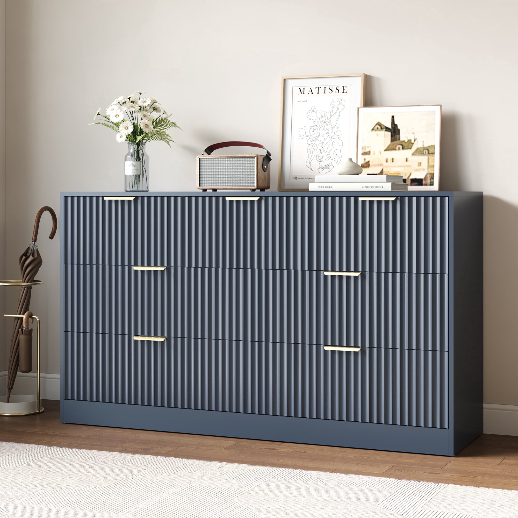 YouTrend 55.1"W Fluted Dressers for Bedroom with 7 Drawers,Modern Chest of Drawer TV Stand for Adults,Wood Clothes Storage for Living Room,Blue