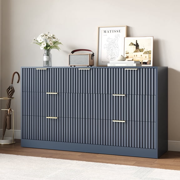 YouTrend 55.1"W Fluted Dressers for Bedroom with 7 Drawers,Modern Chest of Drawer TV Stand for Adults,Wood Clothes Storage for Living Room,Blue