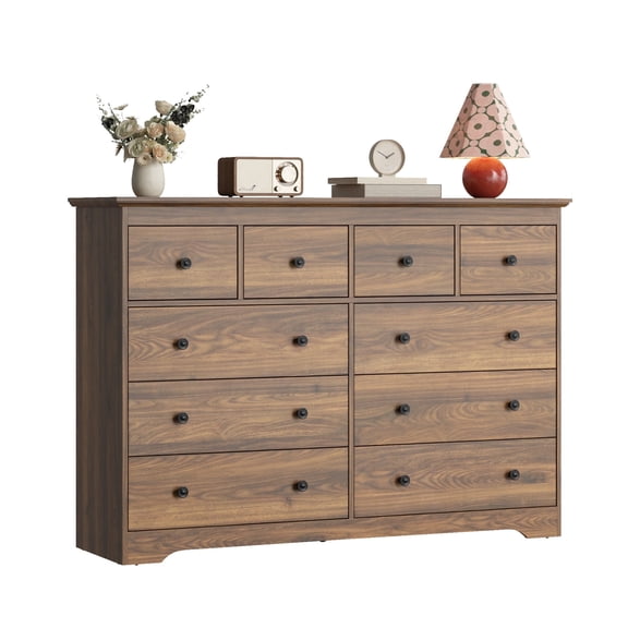 YouTrend 55.1" Wide Dresser for Bedroom, 10 Drawer Dresser with Large Drawers, Dresser for TVs Up to 65",Brown
