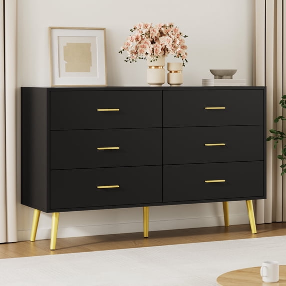 YouTrend 6 Drawer Black Double Dresser, Wood Adult Storage Cabinet with Metal Handles for Living Room,Bedroom