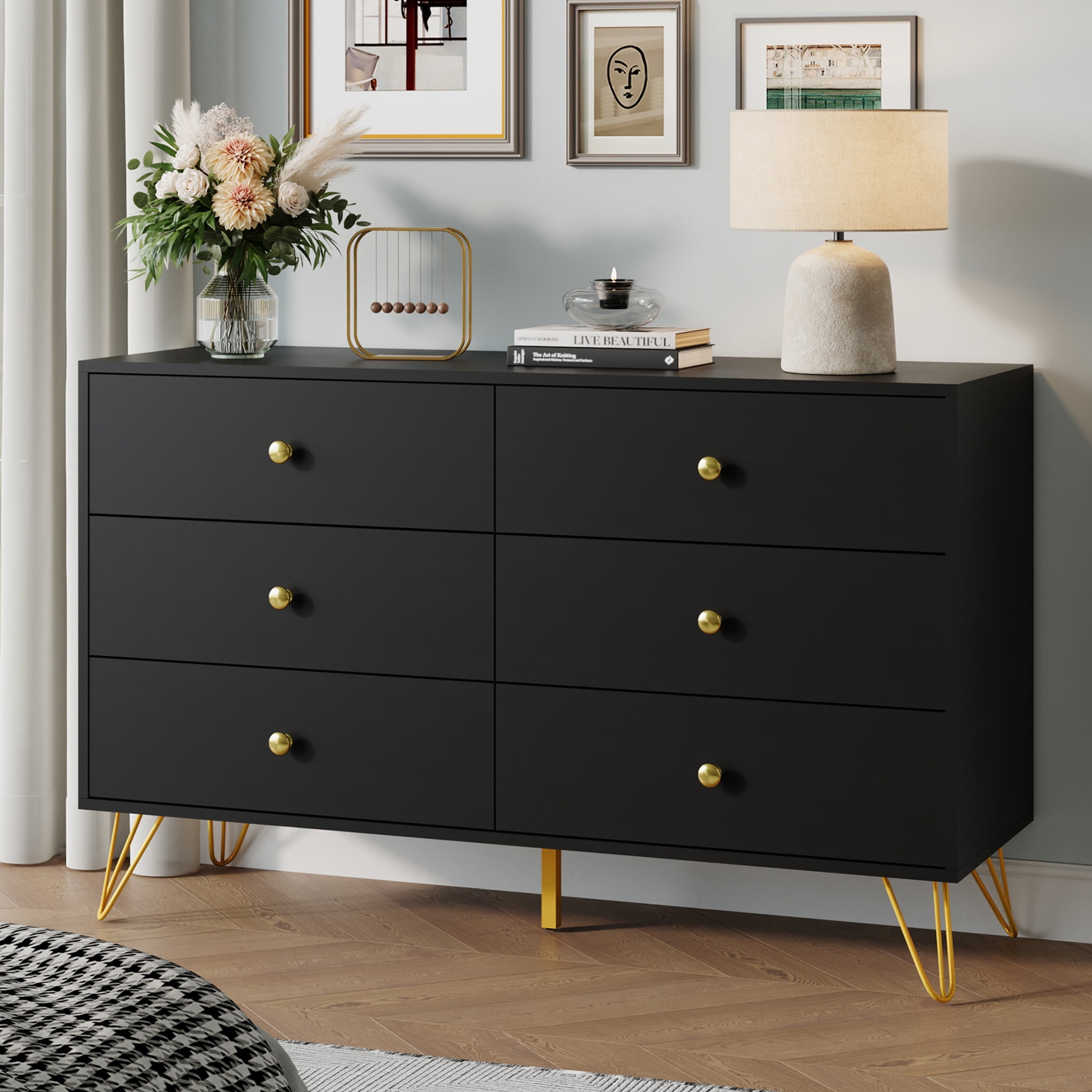 YouTrend 6 Drawer Black Dresser,Adult Chest of Drawers with Golden Handles & Legs for Bedroom,Living Room,Hallway