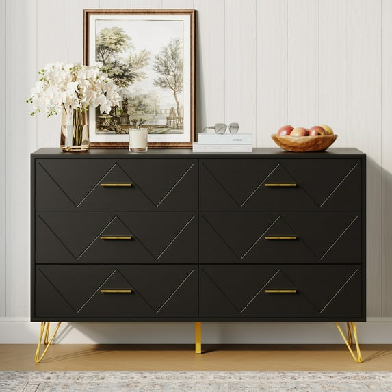 YouTrend 6 Drawer Black Dresser,Double Dresser Adult Storage Cabinet with W Pattern for Living Room, Bedrom Hallway