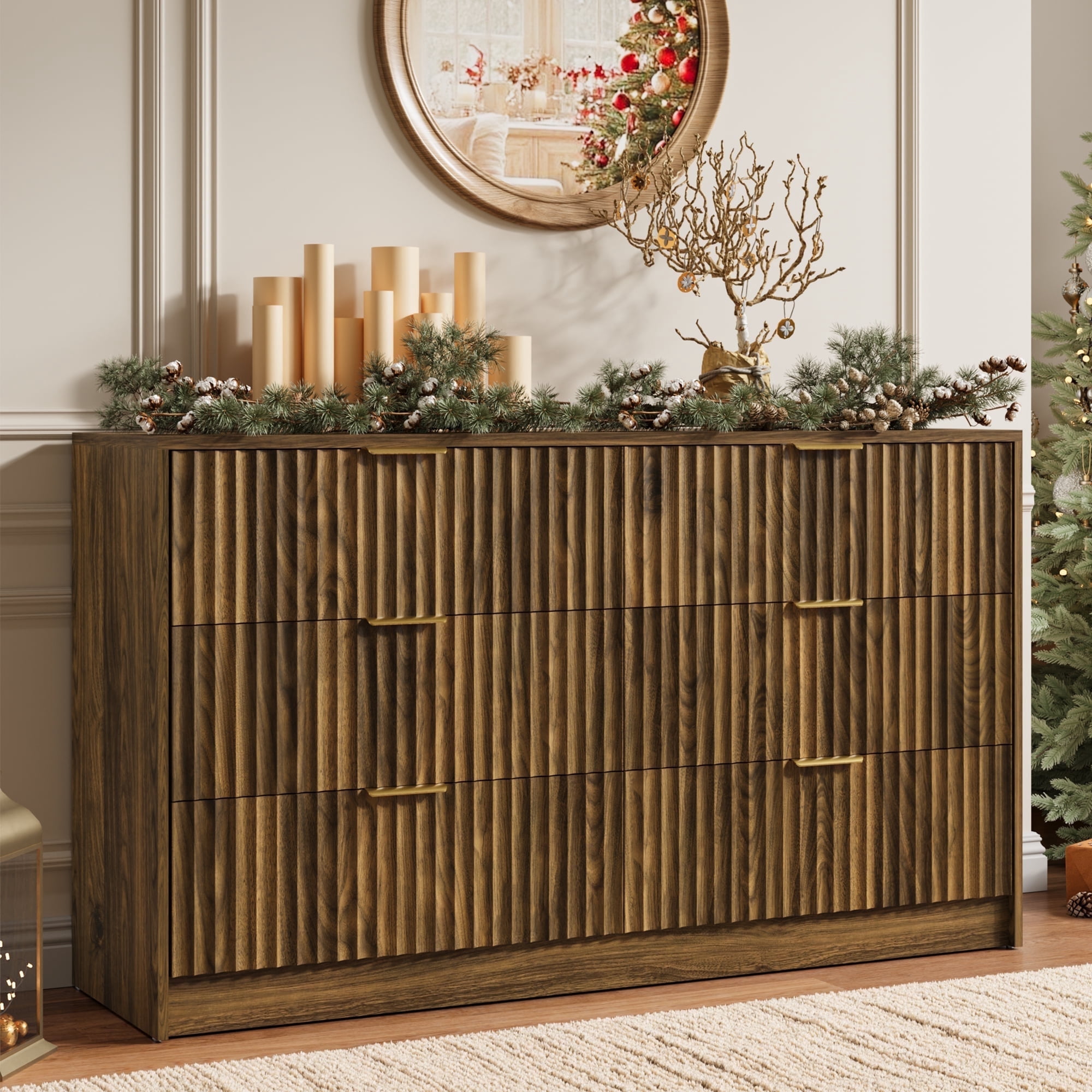 YouTrend 6 Drawer Dresser for Bedroom,55.1"Width Fluted Wood Chest of Drawer with Golden Embedded Handles for Living Room,Brown