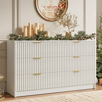 YouTrend 6 Drawer Dresser for Bedroom,55.1"Width Fluted Wood Chest of Drawer with Golden Embedded Handles for Living Room,White