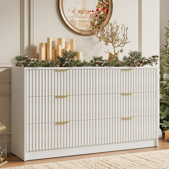 YouTrend 6 Drawer Dresser for Bedroom,55.1"Width Fluted Wood Chest of Drawer with Golden Embedded Handles for Living Room,White