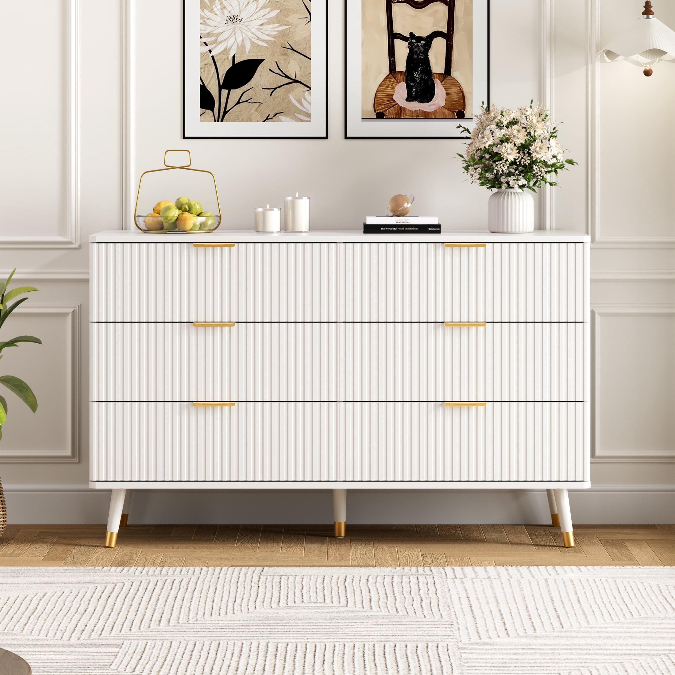 YouTrend 6 Drawer Dresser with Metal Handles Modern Fluted Wood Dresser Adult Storage Chest of Drawers for Bedroom Living Room Hallway,White