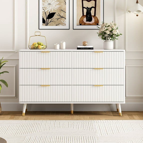 YouTrend 6 Drawer Dresser with Metal Handles Modern Fluted Wood Dresser Adult Storage Chest of Drawers for Bedroom Living Room Hallway,White