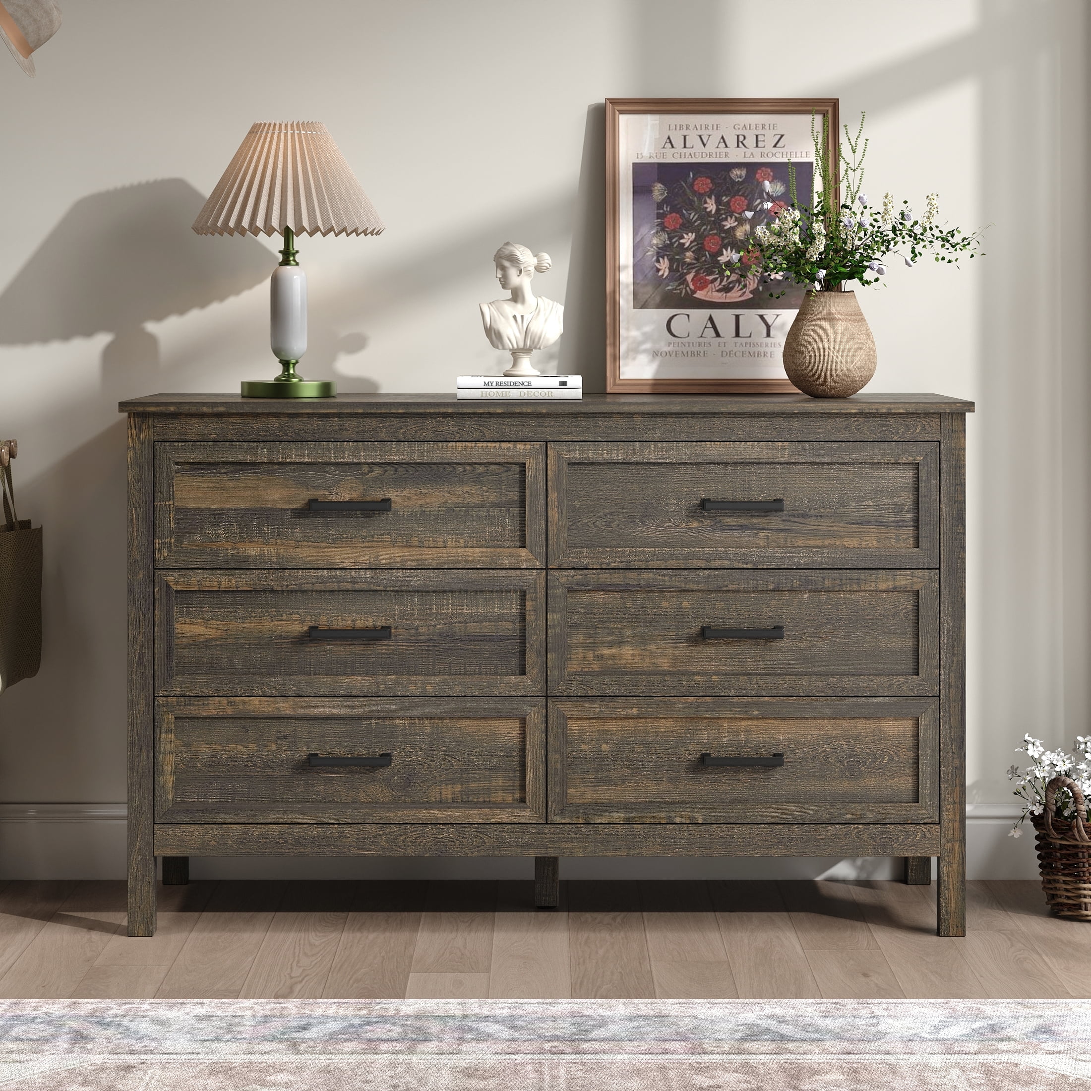 YouTrend 6 Drawer Farmhouse Dresser,Wood Adult Rustic Chest of Drawer ...