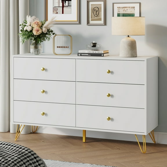YouTrend 6 Drawer White Dresser,Adult Chest of Drawers with Golden Handles & Legs for Bedroom,Living Room,Hallway