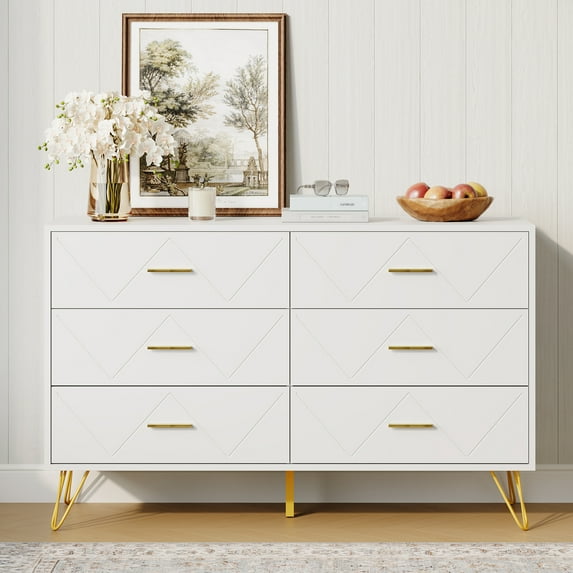 YouTrend 6 Drawer White Dresser,Double Dresser Adult Storage Cabinet with W Pattern for Living Room Bedroom Hallway