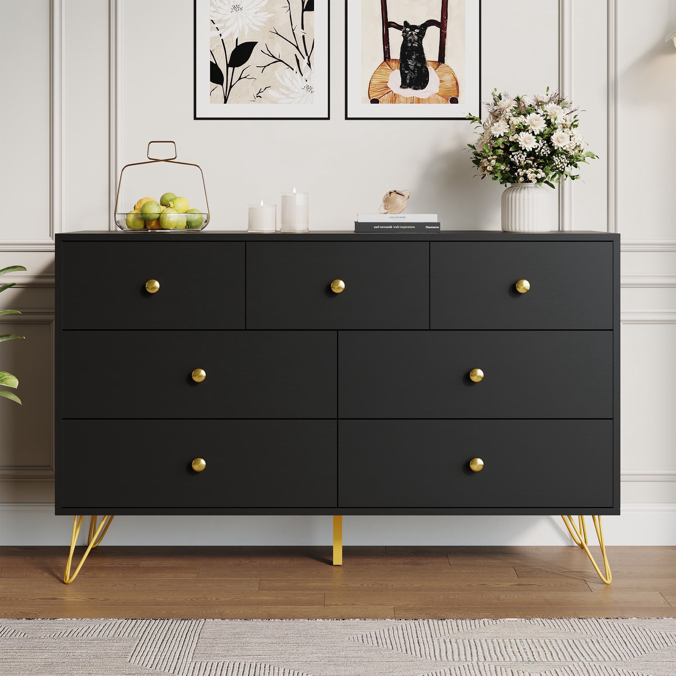 YouTrend 7 Drawer Black Dresser,Adult Chest of Drawers with Golden Handles & Legs for Bedroom,Living Room,Hallway