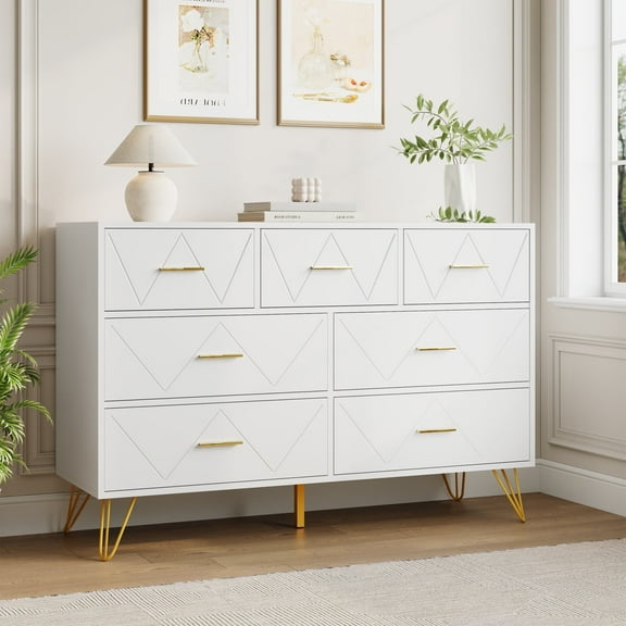 YouTrend 7 Drawer Dresser,Adult Dresser with Golden Legs & Handles,Wooden Chest of Drawer, for Bedroom Living Room,White