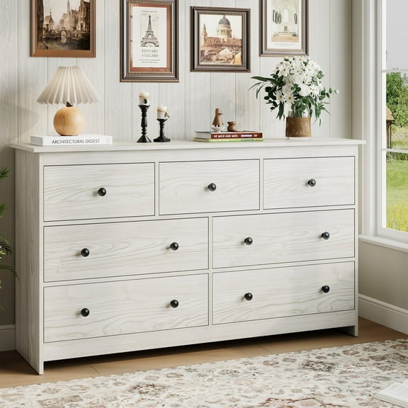 YouTrend 7 Drawer Dresser with Wood Grain, Modern Off-White/Beige Chests of Drawers Wood Adult Storage Cabinet for Bedroom Living Room Hallway