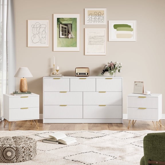YouTrend 7 Drawer Dresser and Nightstand Sets for Bedroom,3 Piece Bedroom Dresser Set,Fluted Dressers and Nightstands, Modern Bedroom Set, White