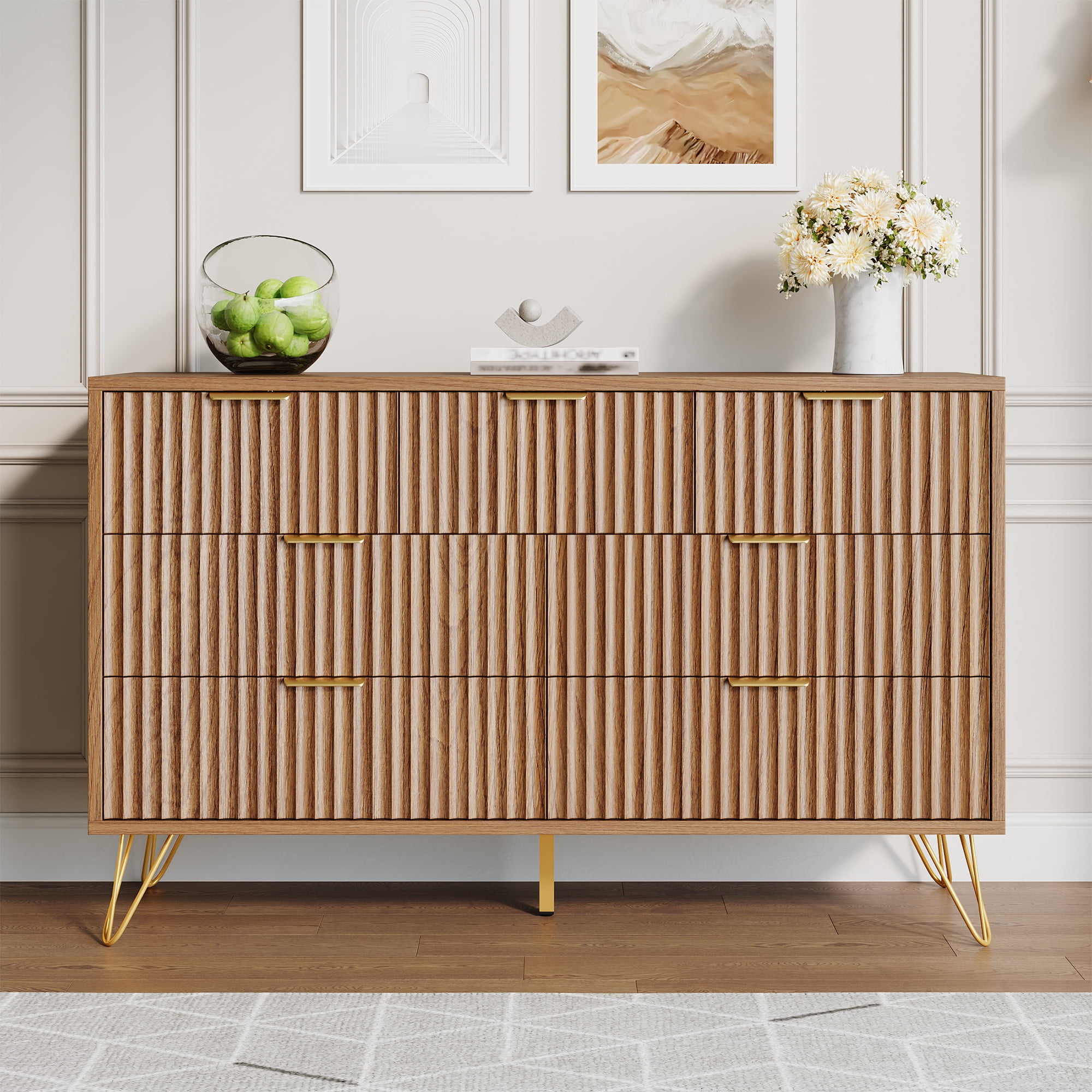 YouTrend 7 Drawer Dresser with Fluted Wood and Metal Handles Legs for Bedroom Living Room Hallway