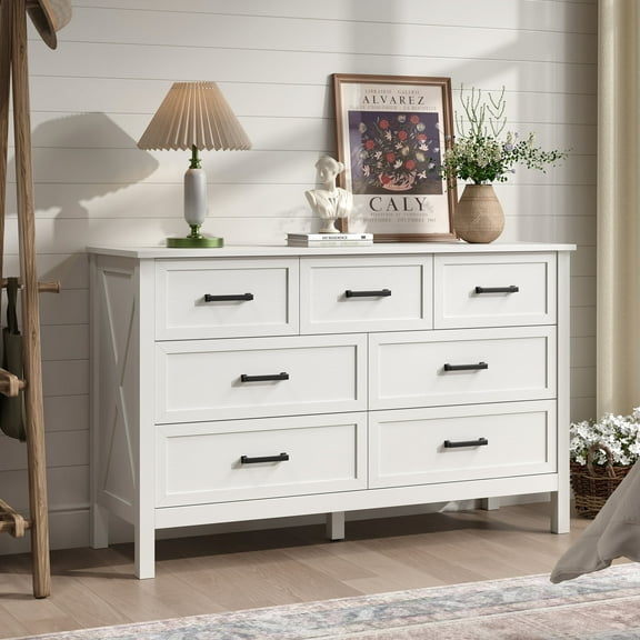 YouTrend 7 Drawer Farmhouse Dresser,Wood Adult Rustic Chest of Drawer with Metal Handles for Bedroom Living Room Hallway,Natural White
