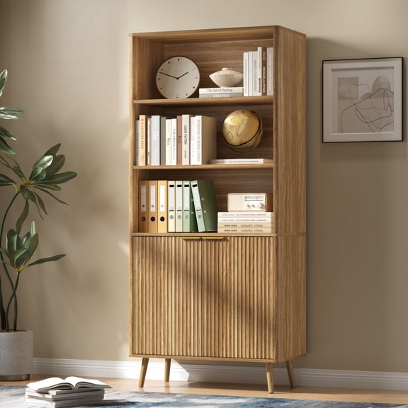 YouTrend 71" Tall Fluted Bookcase with Doors, Modern Storage Cabinet with Open Shelves, Mid-Century Bookshelf for Living Room, Home Office, Bedroom-Brown