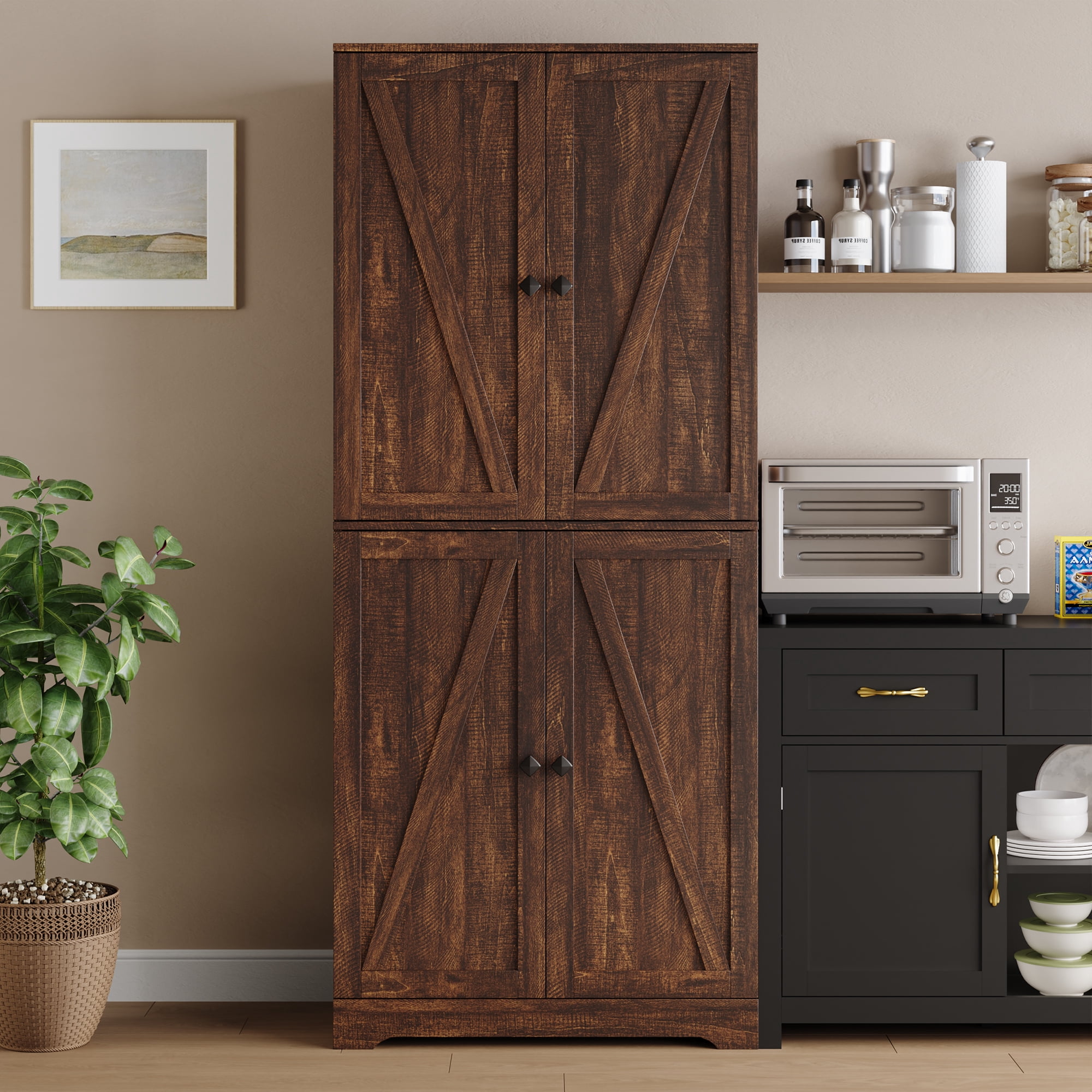 YouTrend 72'' Farmhouse Kitchen Pantry Cabinet with 4 Barn Doors,Storage Cabinet W/ 4 Shelves for Living Room,Kitchen,Bathroom,Brown