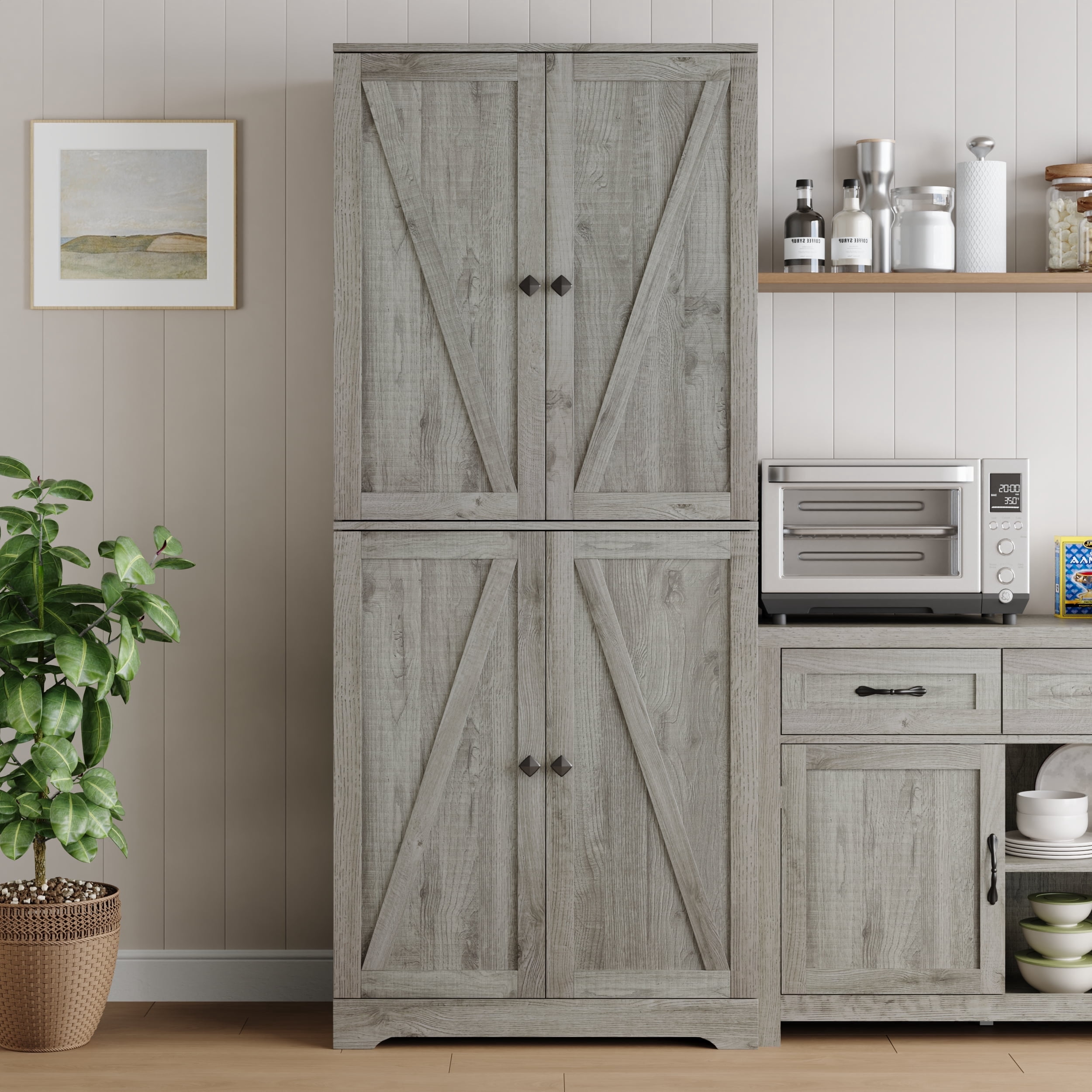YouTrend 72'' Farmhouse Kitchen Pantry Cabinet with 4 Barn Doors,Storage Cabinet W/ 4 Shelves for Living Room,Kitchen,Bathroom,Office,Gray
