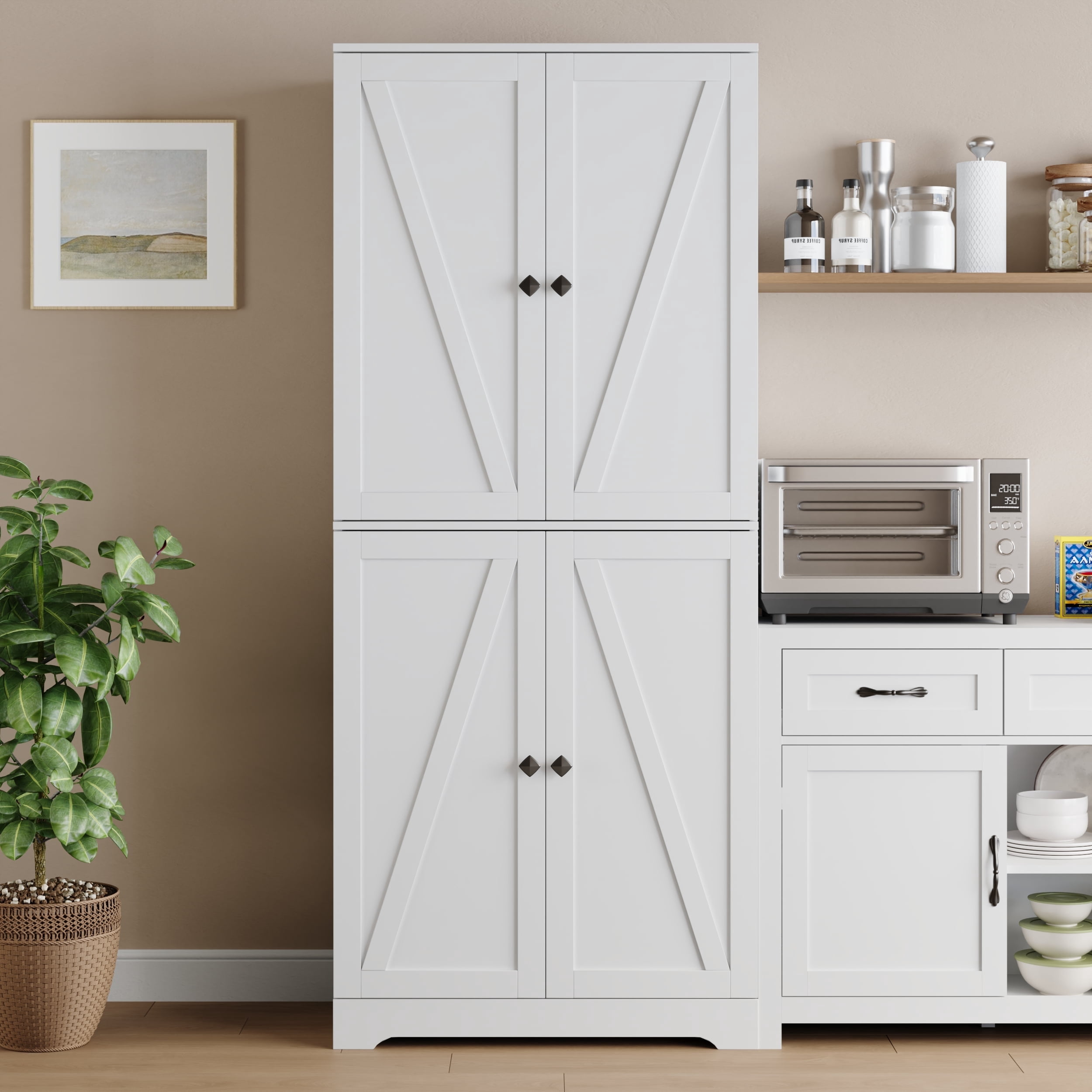 YouTrend 72'' Farmhouse Kitchen Pantry Cabinet with 4 Barn Doors,Storage Cabinet W/ 4 Shelves for Living Room,Kitchen,Bathroom,Office,White