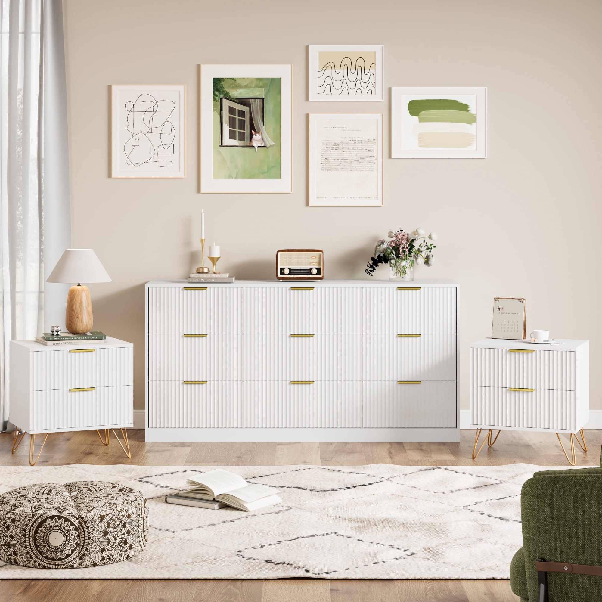 YouTrend 9 Drawer Dresser and Nightstand Sets for Bedroom,3 Piece Bedroom  Dresser Set,Fluted Dressers and Nightstands, Modern Bedroom Set, White