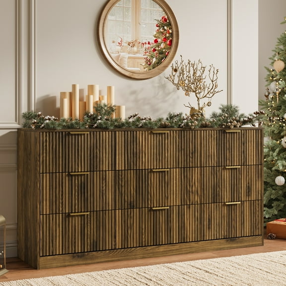 YouTrend 9 Drawer Dresser with for Bedroom,Modern Fluted Wood Chest of Drawer with Golden Embedded Handles for Living Room,Hallway