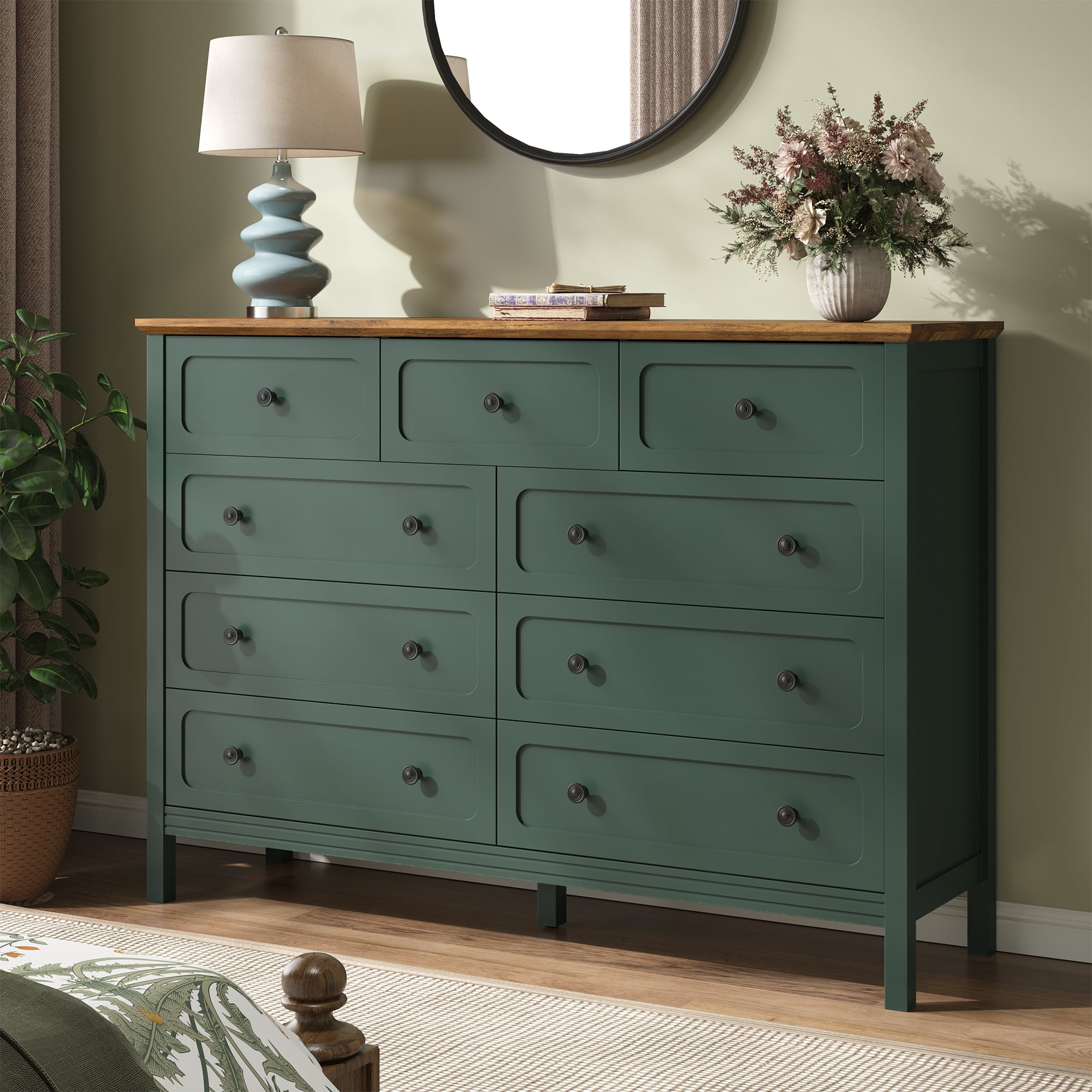 green 9 drawer dresser Youtrend 9-Drawer Dressers for Bedroom,55.1 inchWidth Modern Chest of with Metal Handlesfor Living Room,Hallway,Entryway,Green, Kids Unisex Fluted dresser