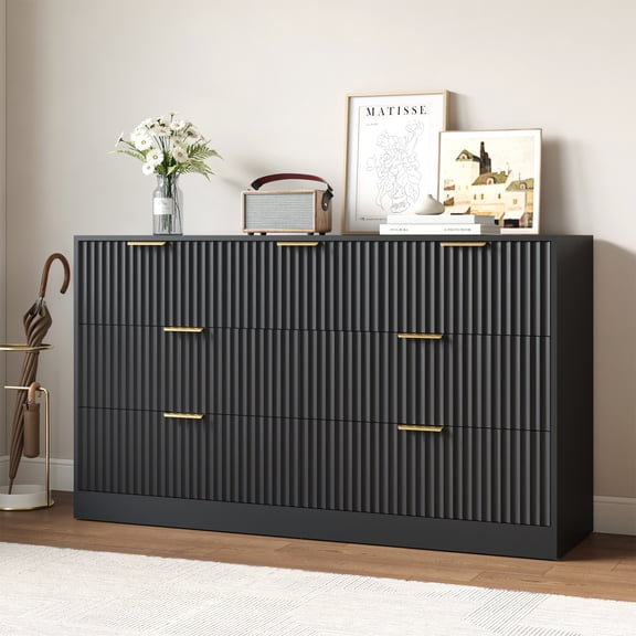YouTrend Dresser for Bedroom with 7 Drawers,Fluted Dresser with Metal Handle,Modern Chest of Drawer TV Stand,Wood Closet Clothes Storage Organizer for Living Room,Hallway,Black.