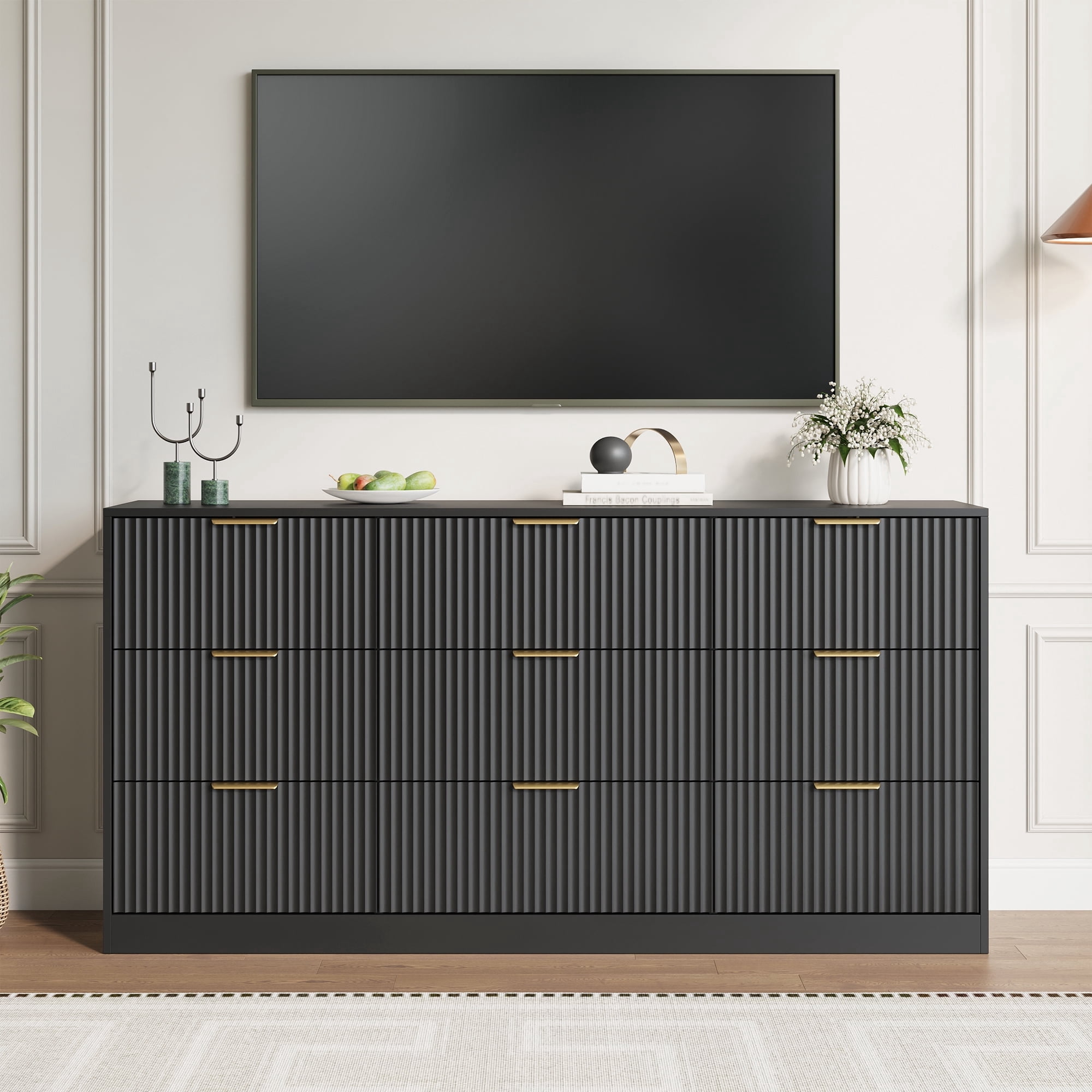 YouTrend Black 9 Drawer Dresser for Bedroom,Modern Adult Fluted Wood Chest of Drawer with Golden Embedded Handles for Living Room,Hallway