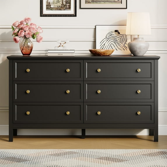YouTrend Black Large Dresser with 6 Drawer for Bedroom,Traditional Adult Chest of Drawers with Golden Handles for Living Room,Hallway