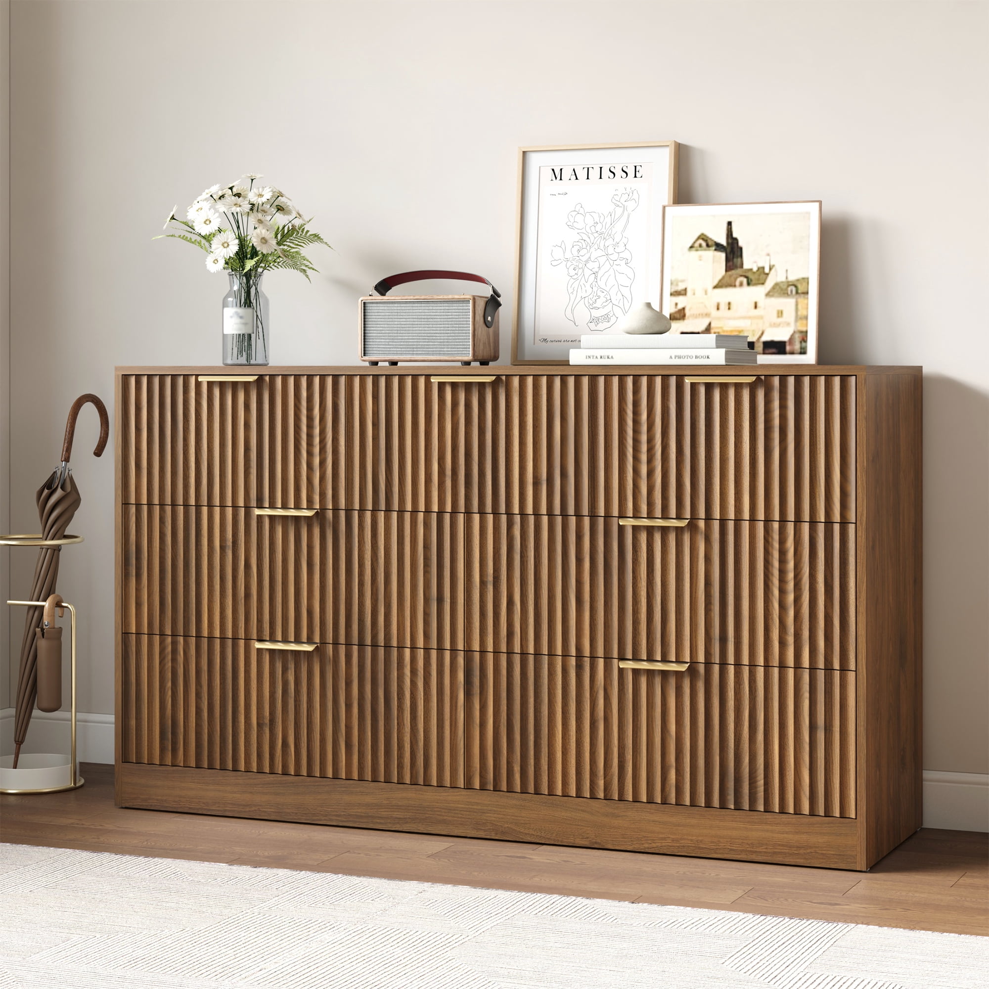 YouTrend 55.1"W Fluted Dressers for Bedroom with 7 Drawers,Modern Chest of Drawer TV Stand for Adults,Wood Clothes Storage for Living Room,Brown