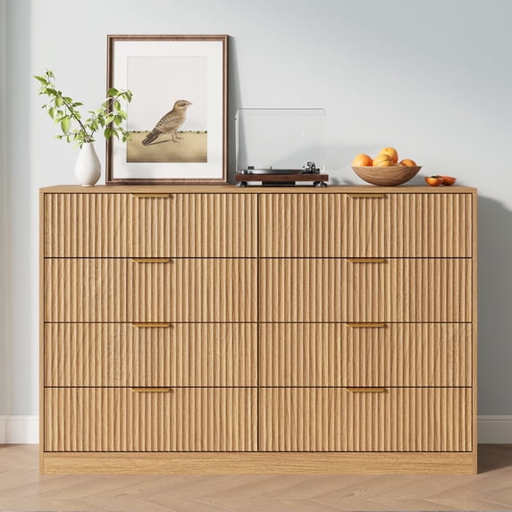 YouTrend Burlywood 8 Drawer Dresser with for Bedroom,Modern Adult Fluted Wood Chest of Drawer with Golden Embedded Handles for Living Room,Hallway