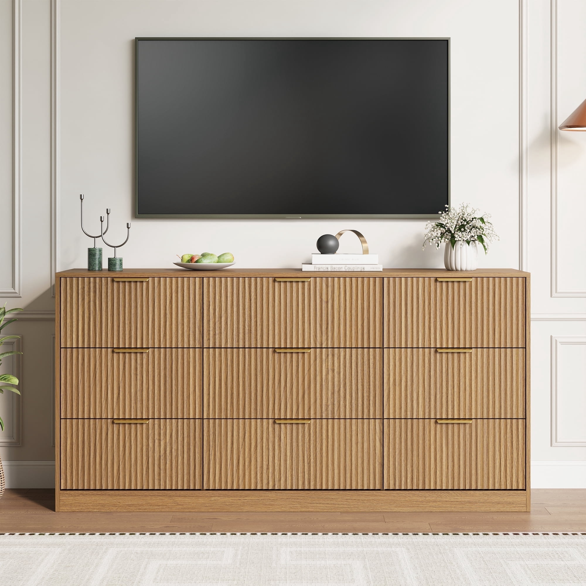 YouTrend Burlywood 9 Drawer Dresser for Bedroom,Modern Adult Fluted Wood Chest of Drawer with Golden Embedded Handles for Living Room,Hallway