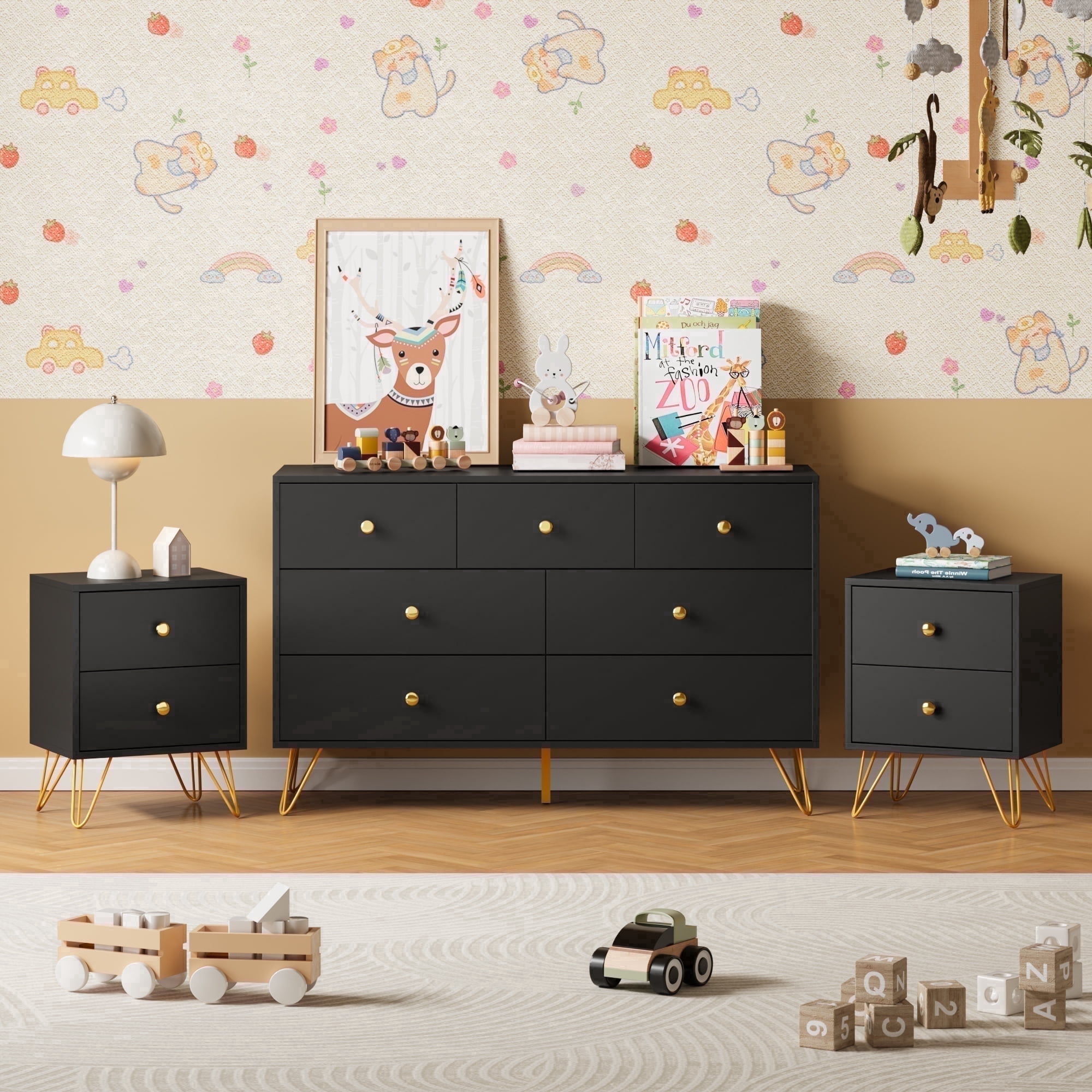 black night stand and dresser set Home Square 3 Piece Bedroom Set with 6 Drawer Double Dresser and Two 2 Drawer Nightstands in Black Woodgrain