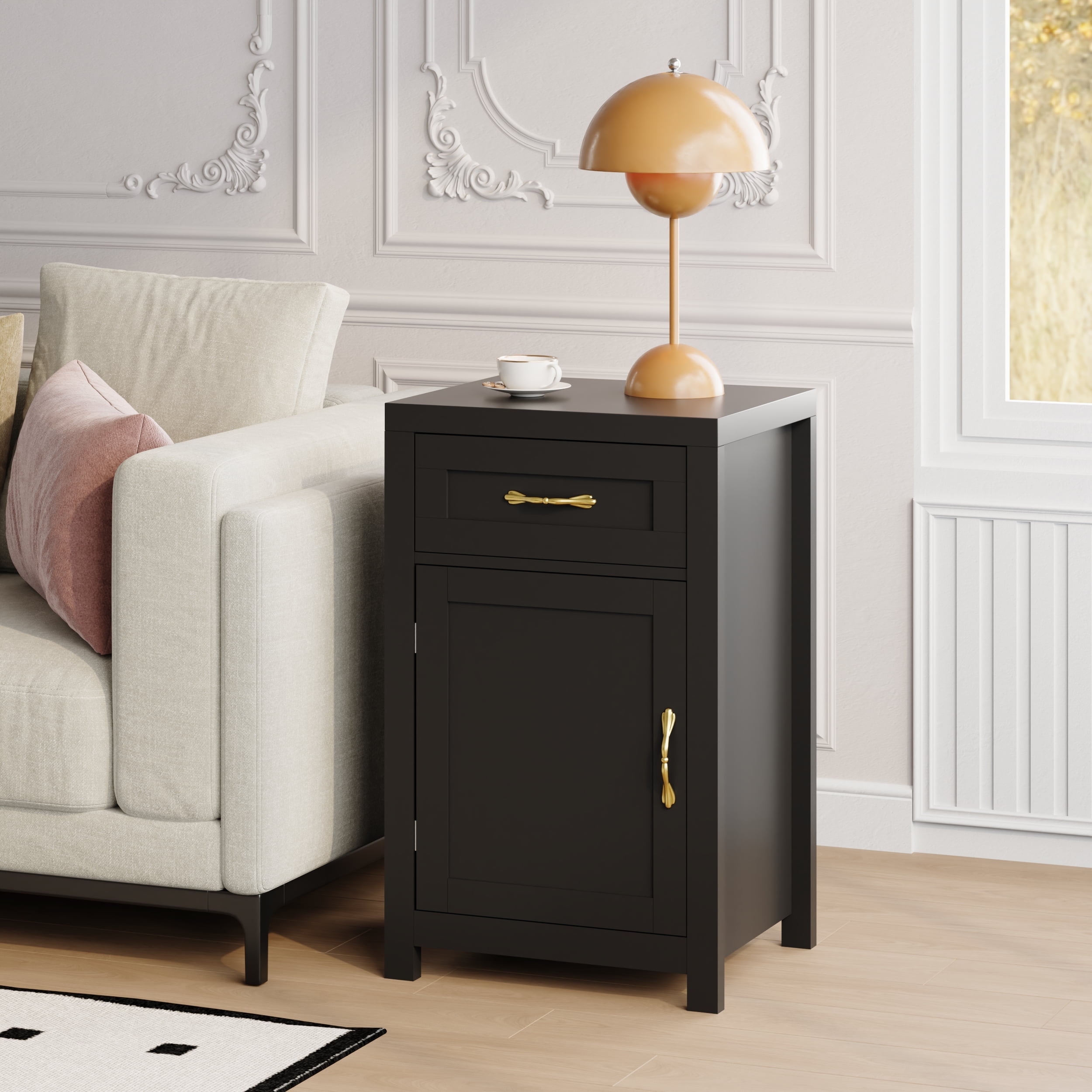 YouTrend Farmhouse End Table with Drawer and Storage Cabinet for Living Room,Rustic Adult Nightstand for Bedroom,Black