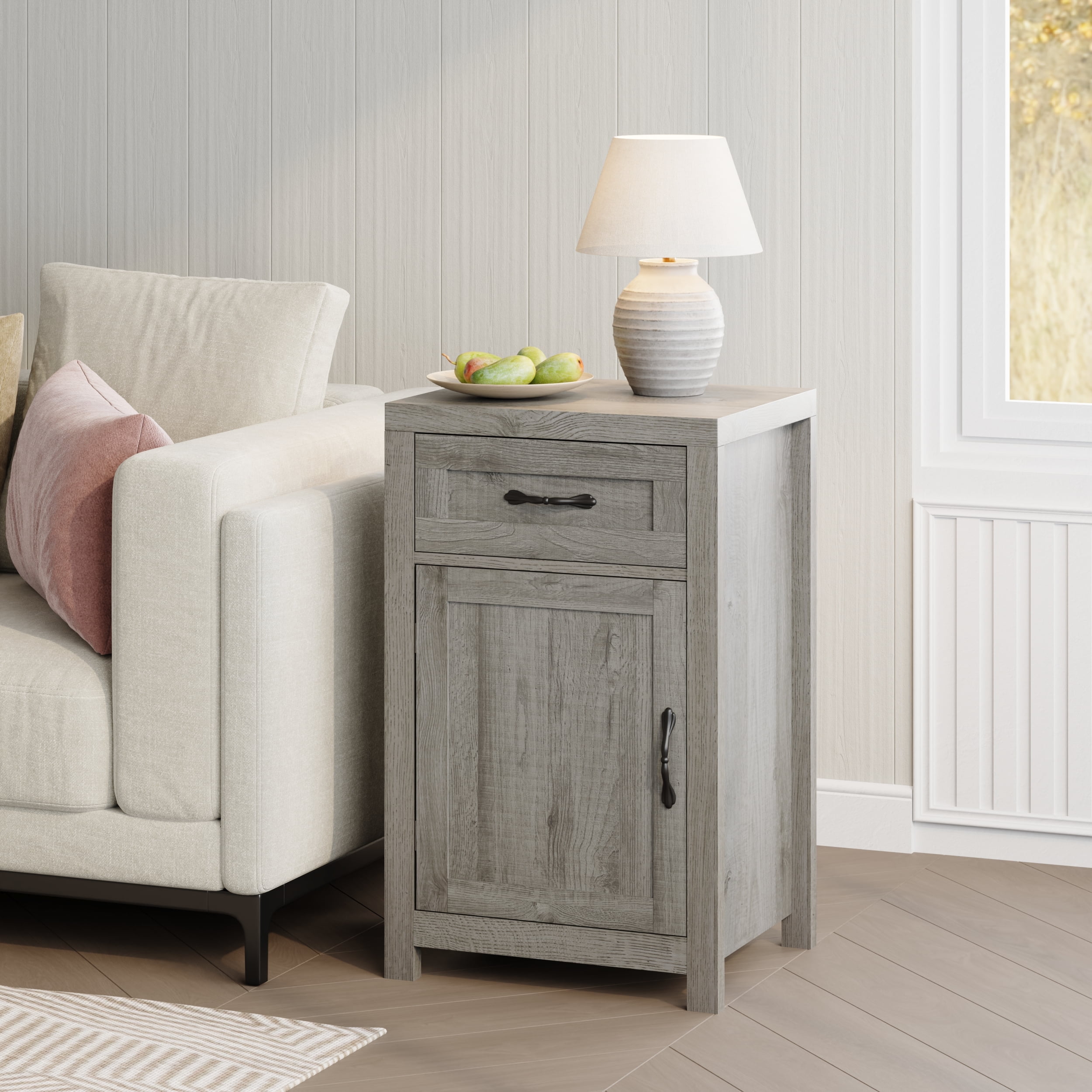 YouTrend Farmhouse End Table with Drawer and Storage Cabinet for Living Room,Rustic Adult Nightstand for Bedroom,Gray
