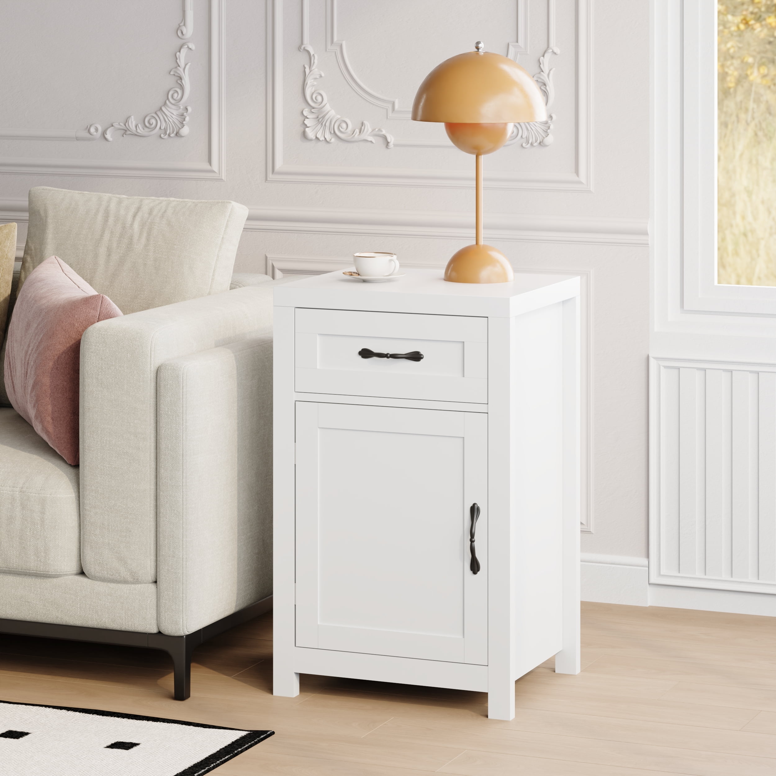 YouTrend Farmhouse End Table with Drawer and Storage Cabinet for Living Room,Rustic Adult Nightstand for Bedroom,White