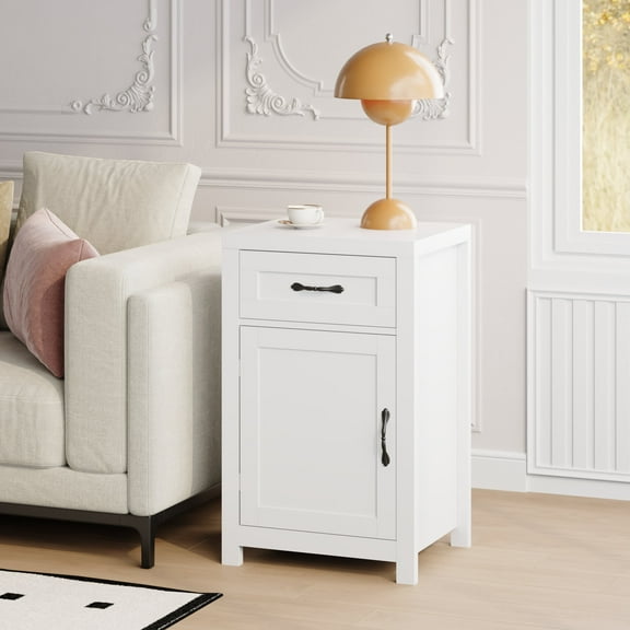 YouTrend Farmhouse End Table with Drawer and Storage Cabinet for Living Room,Rustic Adult Nightstand for Bedroom,White